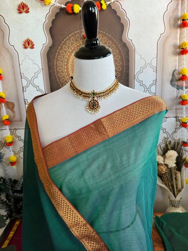 Handwoven Mangalgiri Cotton Saree | Peacock Blue Green | Gold Zari | Handwoven | Ships from California